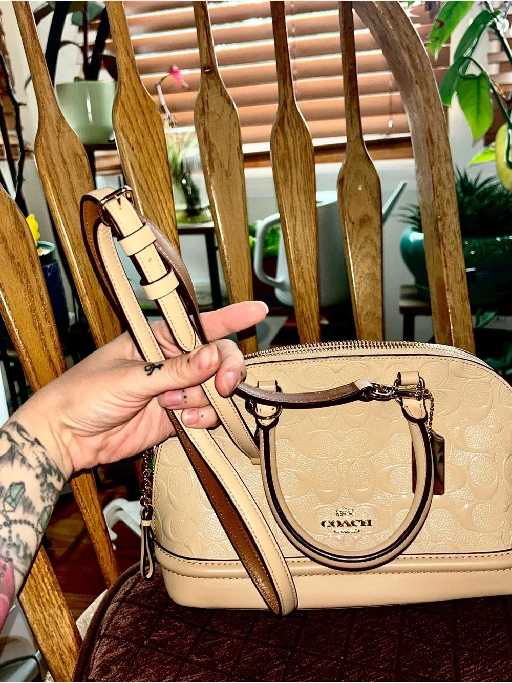 Coach Classic Katy Cream Dome Satchel with Signature Embossing and Gold Hardware